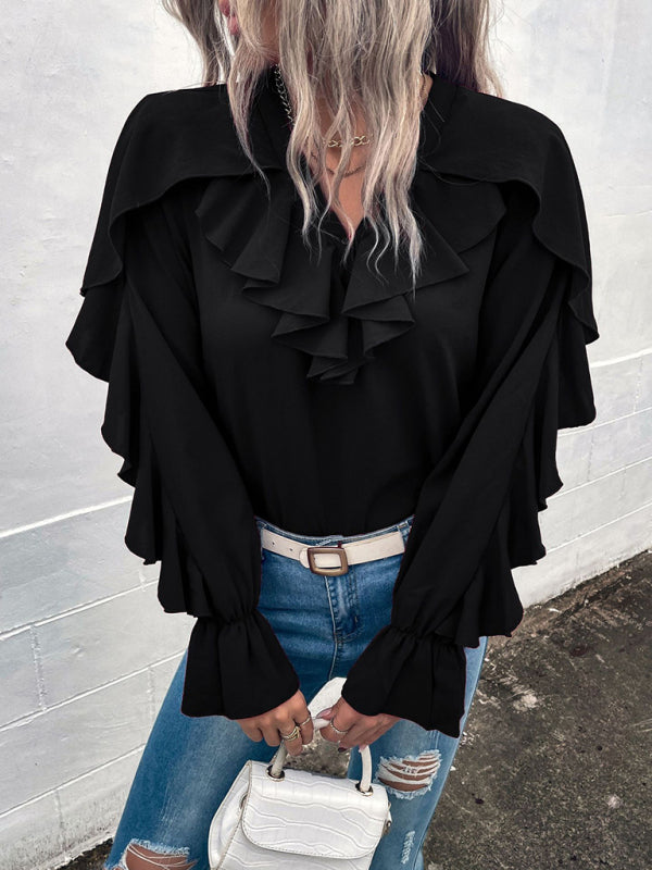 Blue Zone Planet | Solid V-Neck Ruffle Panel Top BLUE ZONE PLANET