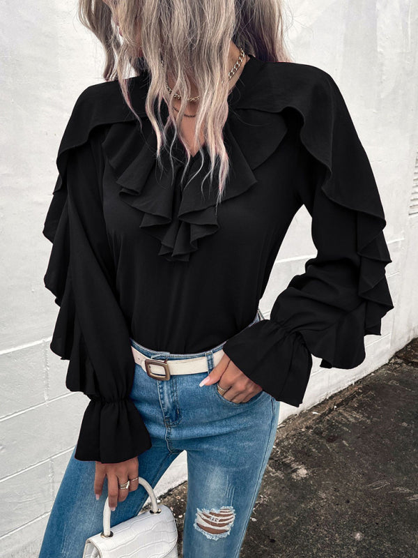 Blue Zone Planet | Solid V-Neck Ruffle Panel Top BLUE ZONE PLANET