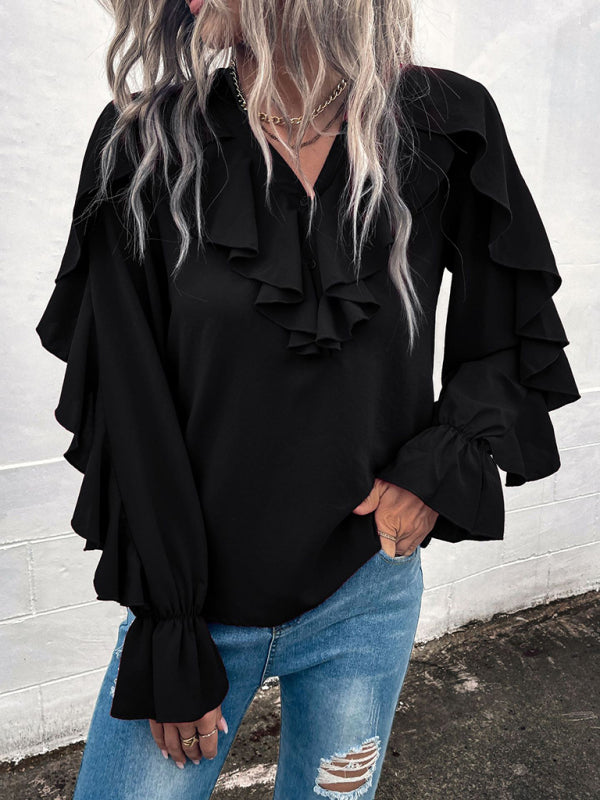 Blue Zone Planet | Solid V-Neck Ruffle Panel Top BLUE ZONE PLANET