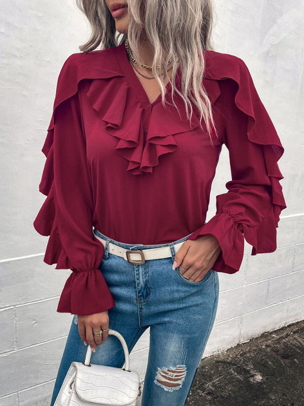 Blue Zone Planet | Solid V-Neck Ruffle Panel Top BLUE ZONE PLANET