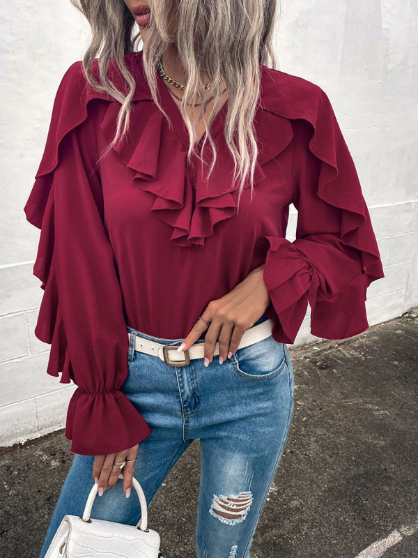Blue Zone Planet | Solid V-Neck Ruffle Panel Top BLUE ZONE PLANET