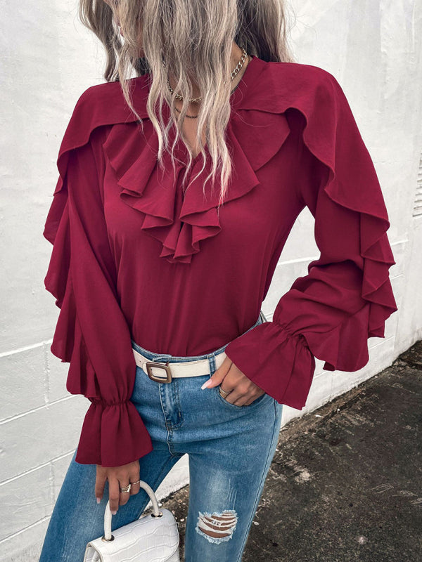 Blue Zone Planet | Solid V-Neck Ruffle Panel Top BLUE ZONE PLANET