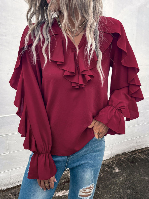 Blue Zone Planet | Solid V-Neck Ruffle Panel Top BLUE ZONE PLANET