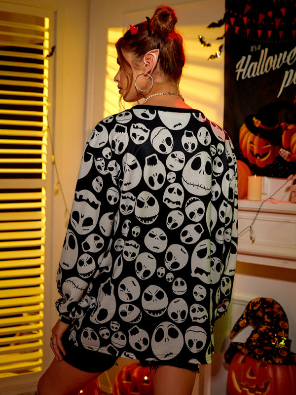 Blue Zone Planet | Women's Halloween Skull Print Blouse kakaclo