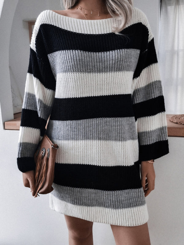 straight neck off shoulder loose contrast striped knitted wool dress BLUE ZONE PLANET