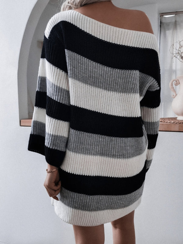 straight neck off shoulder loose contrast striped knitted wool dress BLUE ZONE PLANET