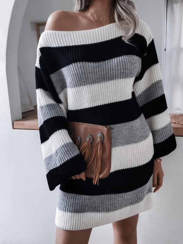 straight neck off shoulder loose contrast striped knitted wool dress BLUE ZONE PLANET