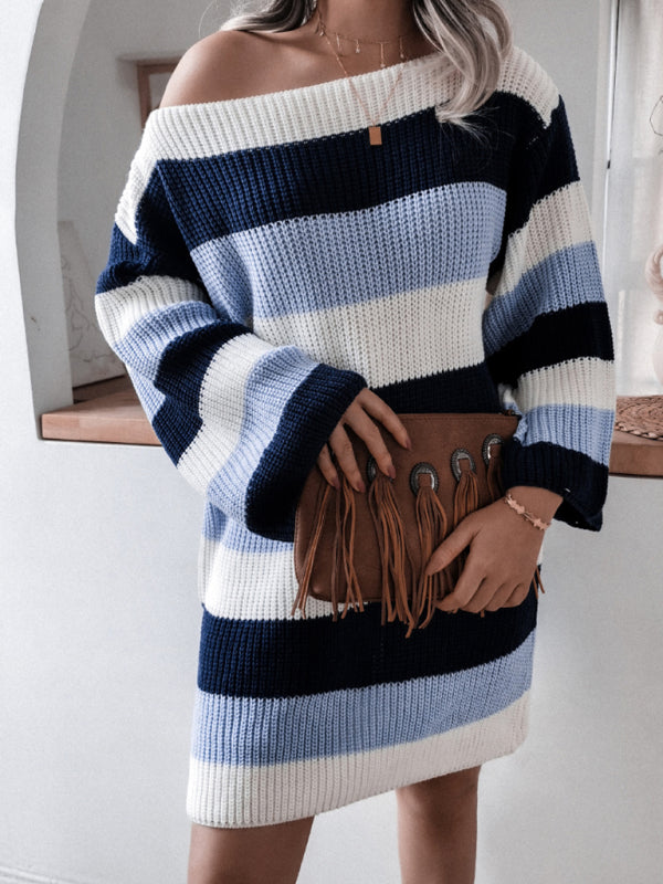 straight neck off shoulder loose contrast striped knitted wool dress BLUE ZONE PLANET