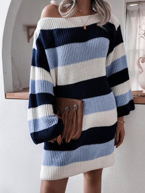 straight neck off shoulder loose contrast striped knitted wool dress BLUE ZONE PLANET