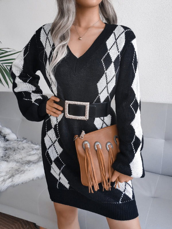 Blue Zone Planet | Ladies Rhombus Sweater Dress Knitted Dress (Without Belt) BLUE ZONE PLANET