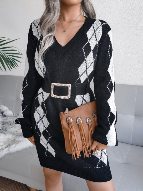 Blue Zone Planet | Ladies Rhombus Sweater Dress Knitted Dress (Without Belt) BLUE ZONE PLANET