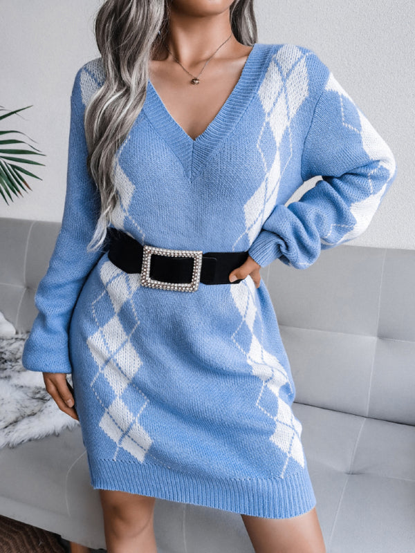 Blue Zone Planet | Ladies Rhombus Sweater Dress Knitted Dress (Without Belt) BLUE ZONE PLANET