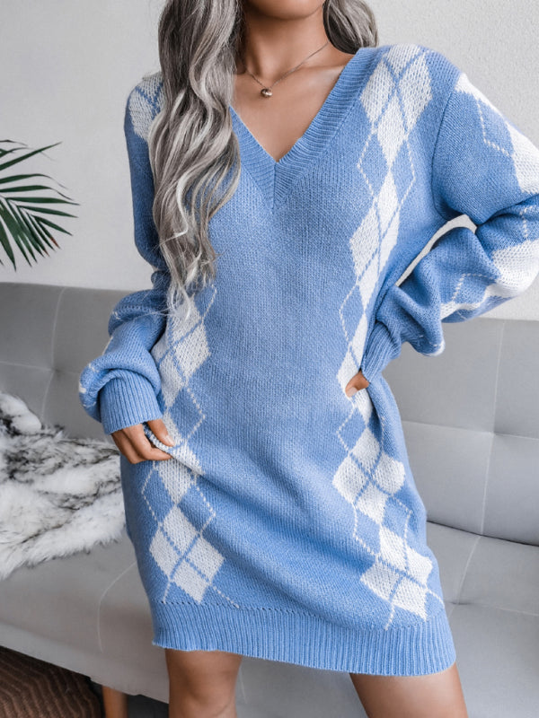 Blue Zone Planet | Ladies Rhombus Sweater Dress Knitted Dress (Without Belt) BLUE ZONE PLANET