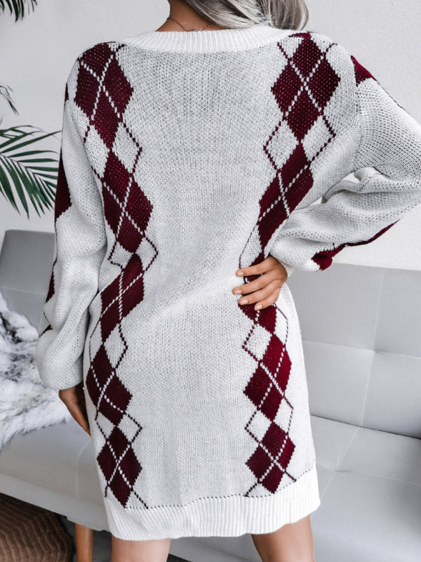 Blue Zone Planet | Ladies Rhombus Sweater Dress Knitted Dress (Without Belt) BLUE ZONE PLANET