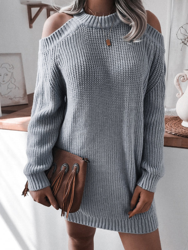off shoulder long sleeve loose wool dress BLUE ZONE PLANET