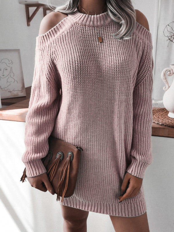 off shoulder long sleeve loose wool dress BLUE ZONE PLANET