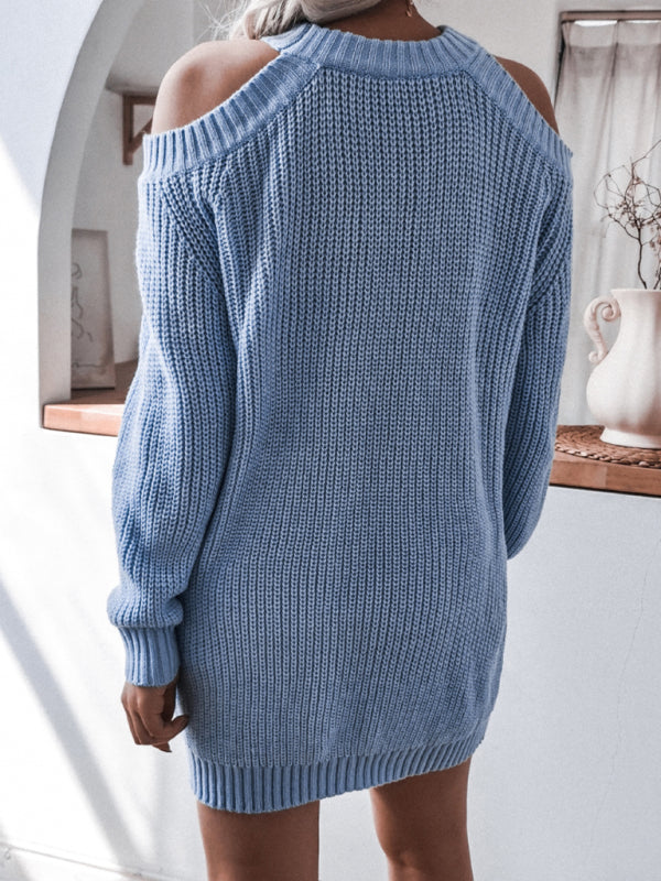 off shoulder long sleeve loose wool dress BLUE ZONE PLANET