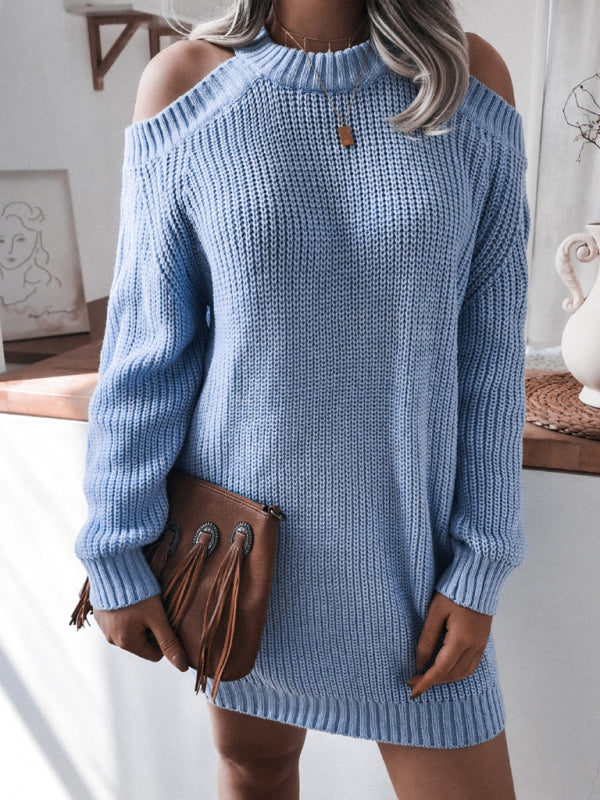 off shoulder long sleeve loose wool dress BLUE ZONE PLANET