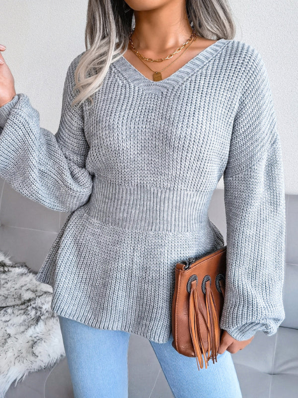 Blue Zone Planet | Lantern Sleeve waist closed hem Ruffle knitted sweater kakaclo