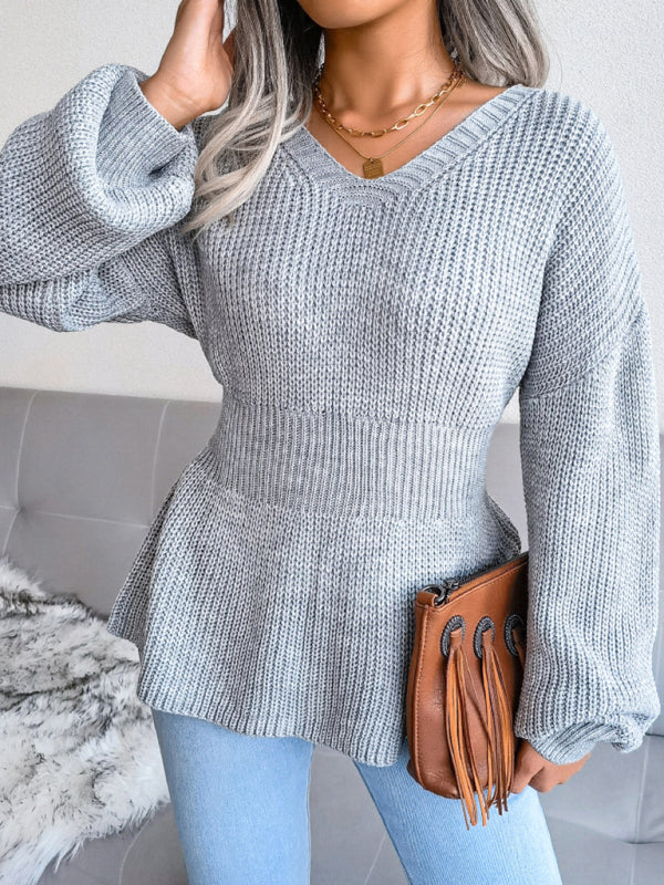 Blue Zone Planet | Lantern Sleeve waist closed hem Ruffle knitted sweater kakaclo