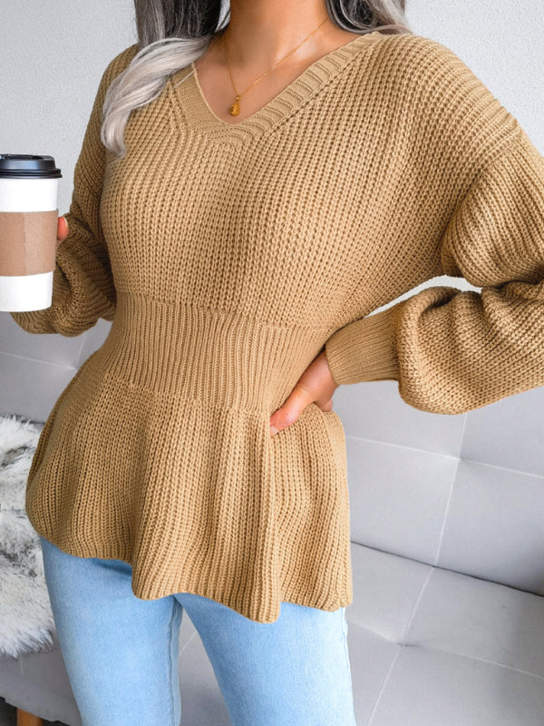 Blue Zone Planet | Lantern Sleeve waist closed hem Ruffle knitted sweater kakaclo