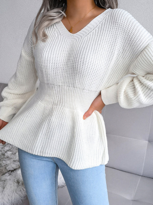 Blue Zone Planet | Lantern Sleeve waist closed hem Ruffle knitted sweater kakaclo