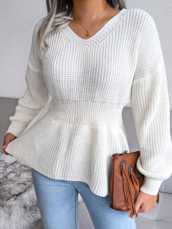 Blue Zone Planet | Lantern Sleeve waist closed hem Ruffle knitted sweater kakaclo