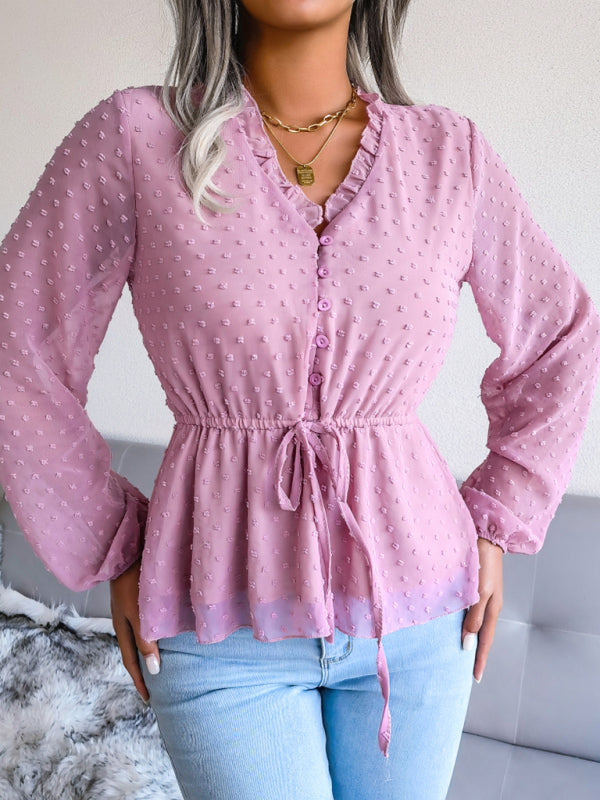 Lantern Long Sleeve Ruffle lace up waist wave point Chiffon Top BLUE ZONE PLANET