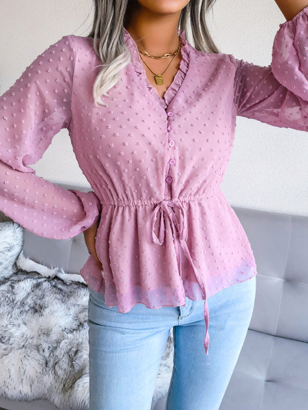 Lantern Long Sleeve Ruffle lace up waist wave point Chiffon Top BLUE ZONE PLANET