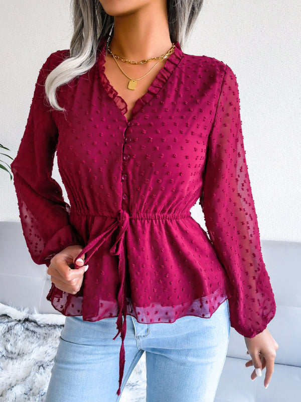 Lantern Long Sleeve Ruffle lace up waist wave point Chiffon Top BLUE ZONE PLANET