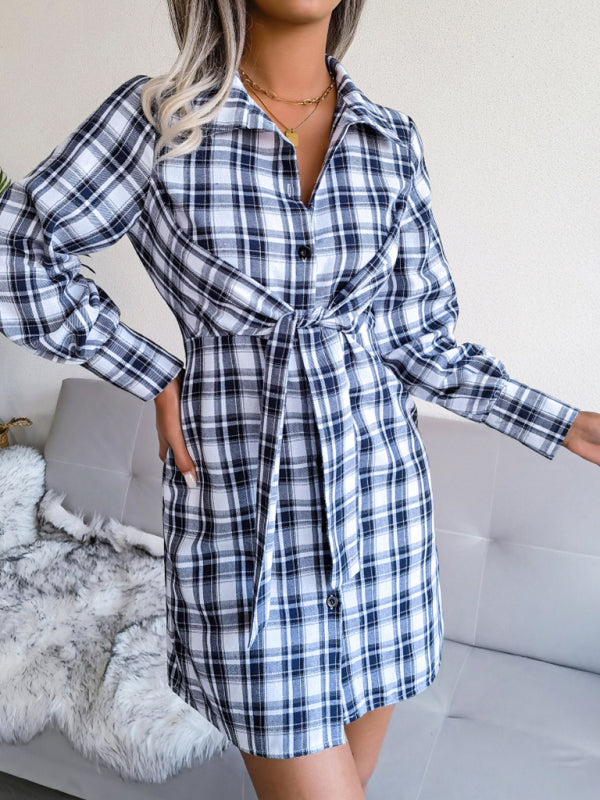 long sleeve Plaid tie cotton linen shirt skirt kakaclo