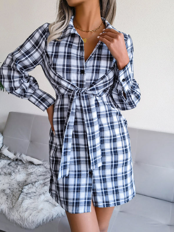 long sleeve Plaid tie cotton linen shirt skirt kakaclo