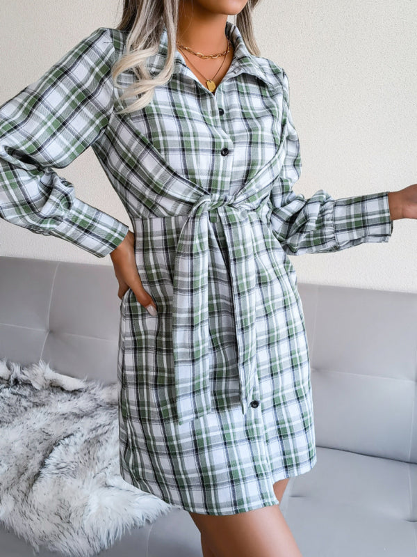 long sleeve Plaid tie cotton linen shirt skirt kakaclo