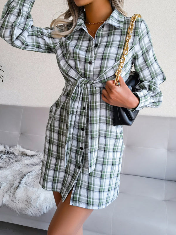 long sleeve Plaid tie cotton linen shirt skirt kakaclo