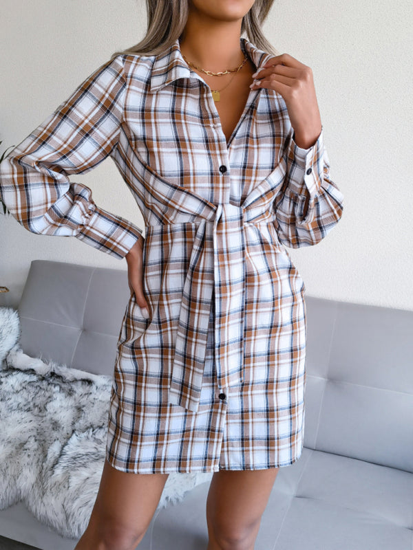 long sleeve Plaid tie cotton linen shirt skirt kakaclo