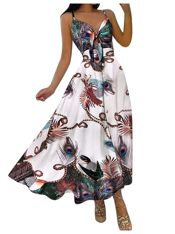 Lace Up Full Floral Halter Dress Long BLUE ZONE PLANET