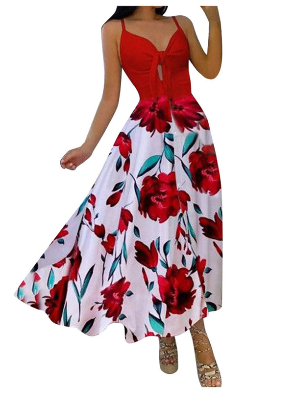 Lace Up Full Floral Halter Dress Long BLUE ZONE PLANET
