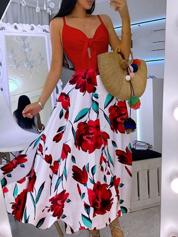 Lace Up Full Floral Halter Dress Long BLUE ZONE PLANET