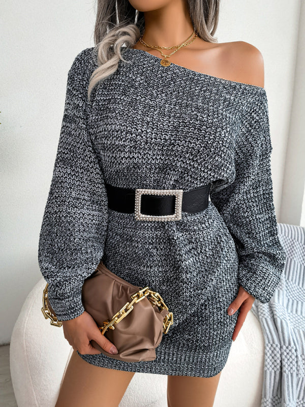 straight neck off shoulder colorful lantern sleeve knitted wool dress kakaclo