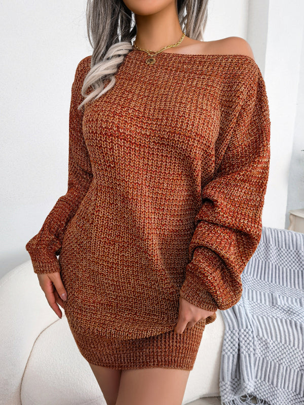 straight neck off shoulder colorful lantern sleeve knitted wool dress kakaclo