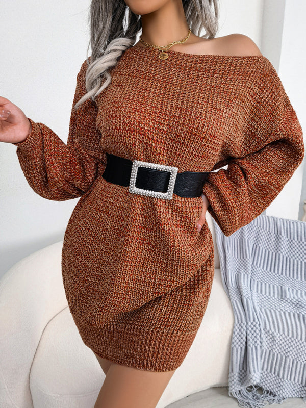 straight neck off shoulder colorful lantern sleeve knitted wool dress kakaclo