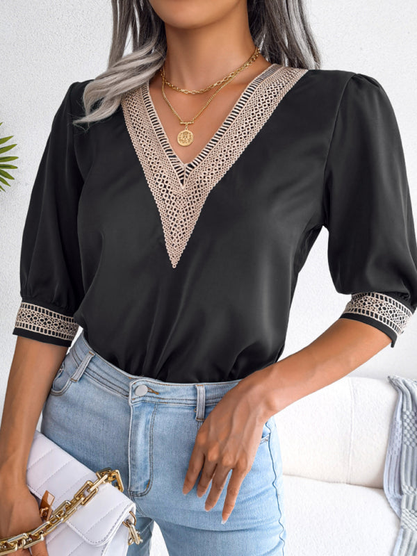 Blue Zone Planet | lace V-neck medium Sleeve Chiffon shirt kakaclo
