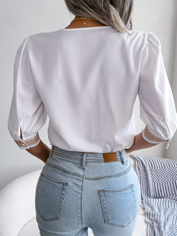 Blue Zone Planet | lace V-neck medium Sleeve Chiffon shirt kakaclo