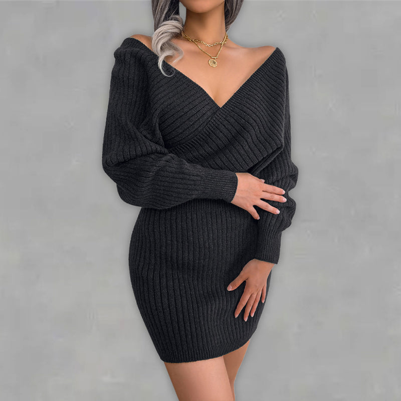 Sophia's Cross V-Neck Off-Shoulder Bodycon Mini Dress BLUE ZONE PLANET