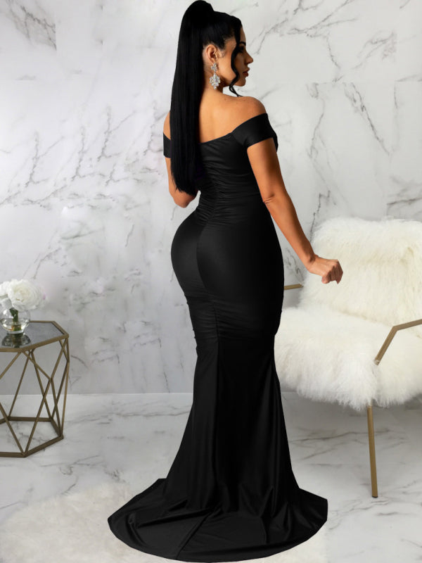 Solid Color Big V Neck Skinny Ruched Dress kakaclo