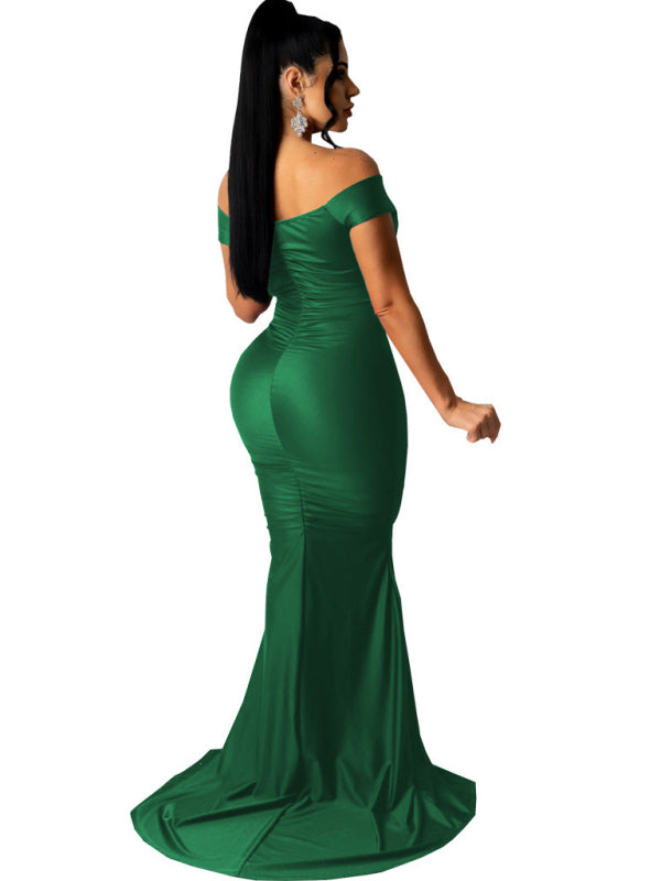 Solid Color Big V Neck Skinny Ruched Dress kakaclo