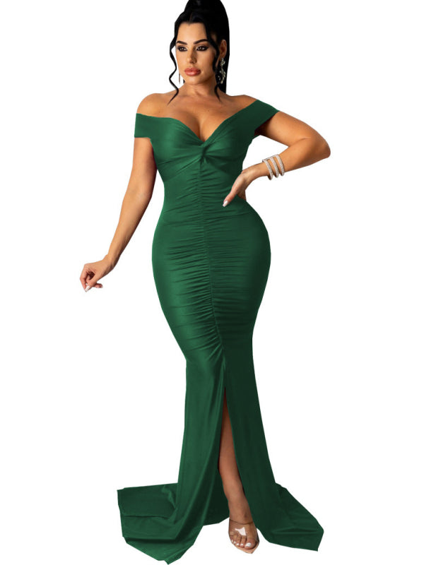 Solid Color Big V Neck Skinny Ruched Dress kakaclo
