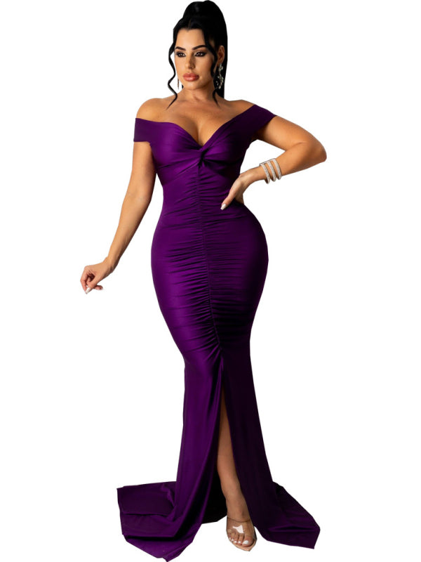 Solid Color Big V Neck Skinny Ruched Dress kakaclo
