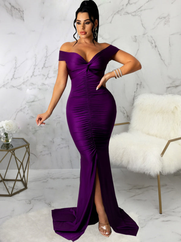 Solid Color Big V Neck Skinny Ruched Dress kakaclo