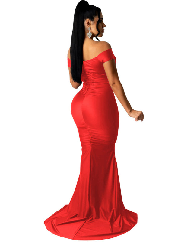 Solid Color Big V Neck Skinny Ruched Dress kakaclo